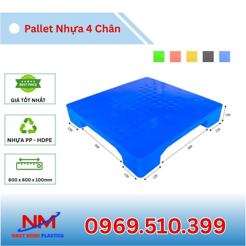 Kích Thước Pallet Nhựa 4 Chân Gù Mặt Bít 600x600x100mm