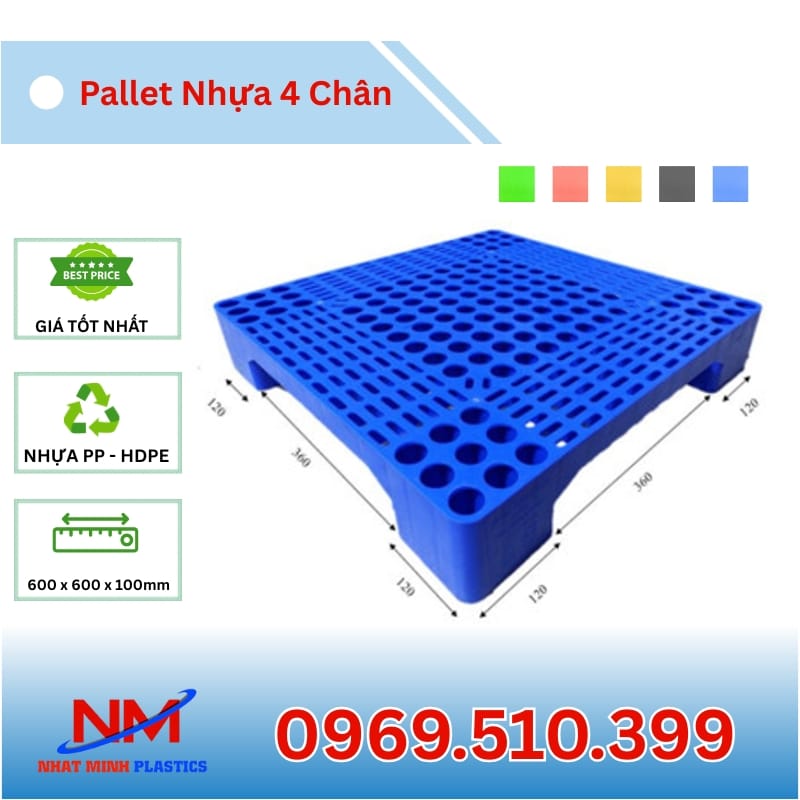 Kích Thước Pallet Nhựa 4 Chân Gù Mặt Lưới 600x600x100mm