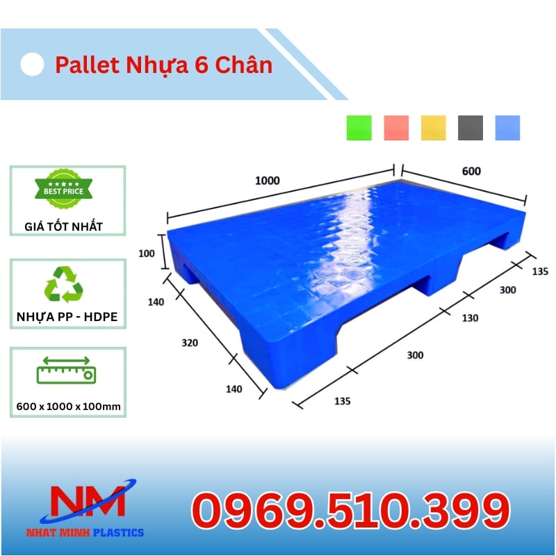 Kích Thước Pallet Nhựa 6 Chân Gù Mặt Bít 600x1000x100mm