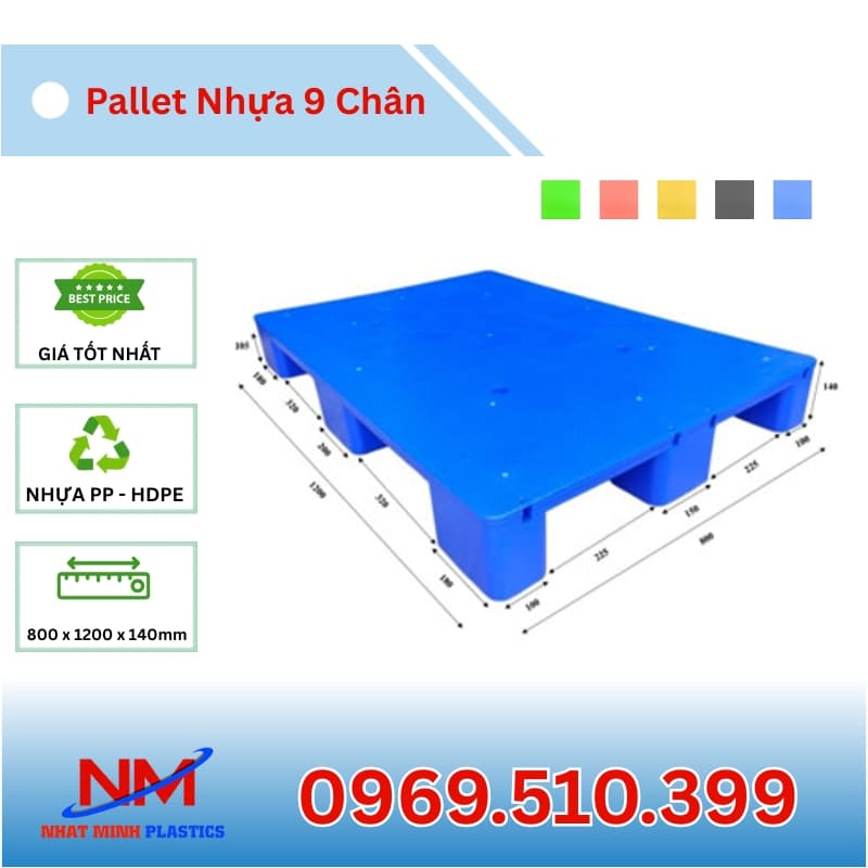 Kích Thước Pallet Nhựa 9 Chân Gù Mặt Bít 800x1200x140mm
