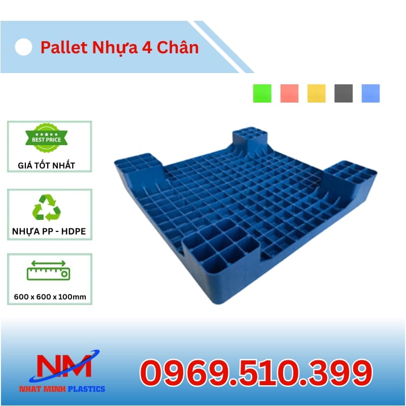 Pallet Nhựa 4 Chân Gù Mặt Bít 600x600x100mm