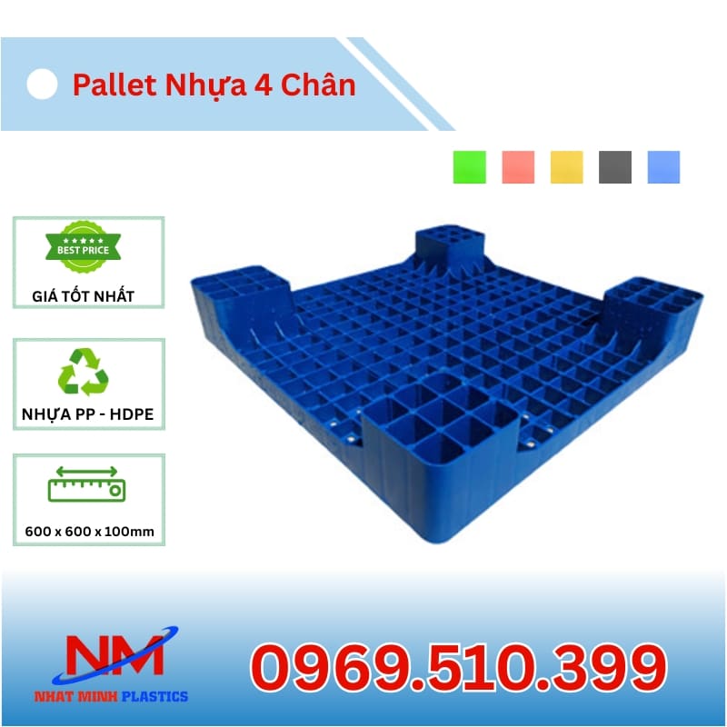 Pallet Nhựa 4 Chân Gù Mặt Lưới 600x600x100mm