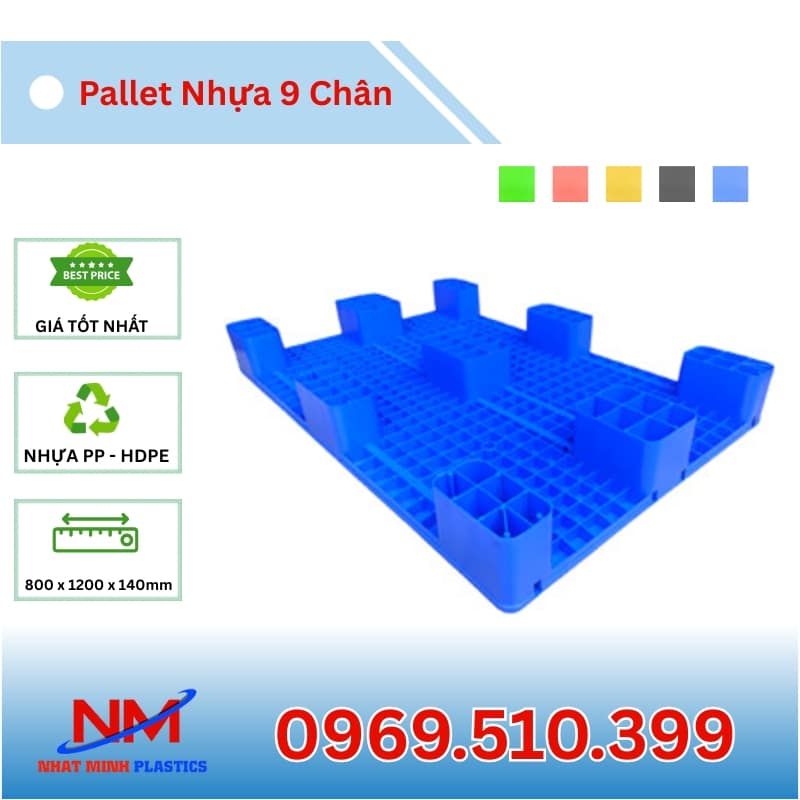 Pallet Nhựa 9 Chân Gù Mặt Bít 800x1200x140mm