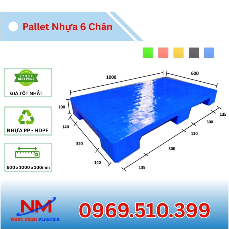 Kích Thuớc Pallet Nhựa 6 Chân Gù Mặt Bít 600x1000x100mm