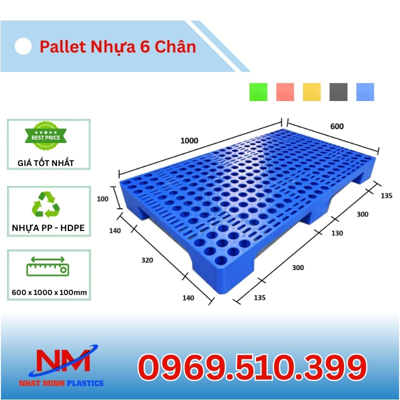 Kích Thước Pallet Nhựa 6 Chân Gù Mặt Lưới 600x1000x100mm