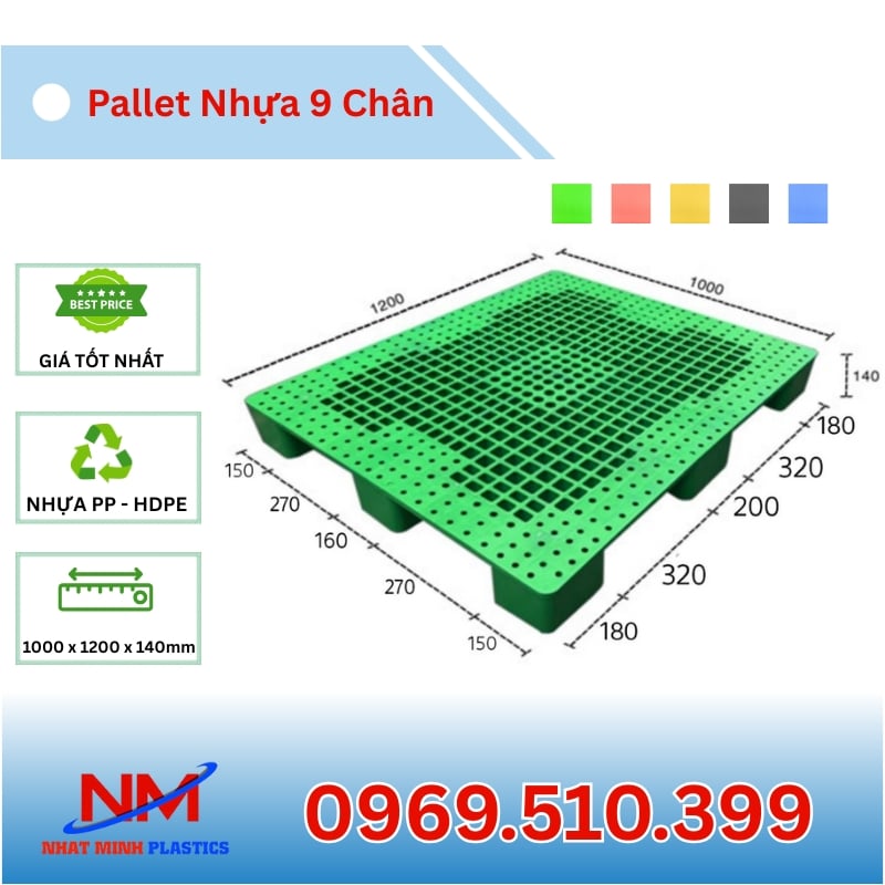 Kích Thước Pallet Nhựa 9 Chân Gù Mặt Bít 1000x1200x140mm (1)