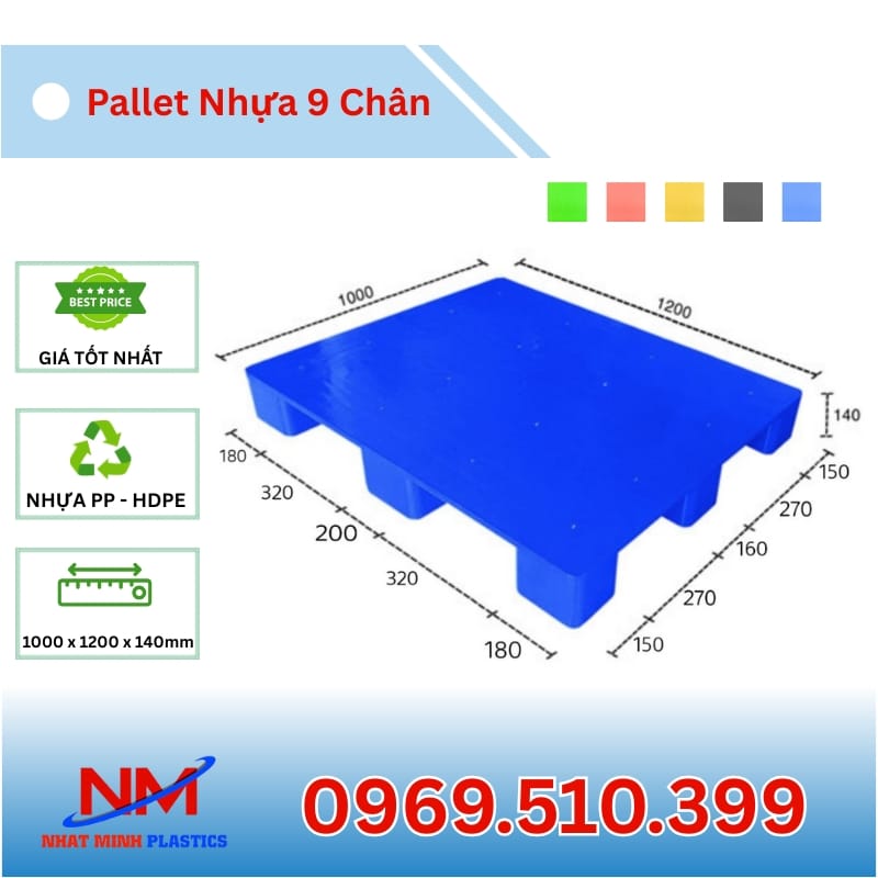 Kích Thước Pallet Nhựa 9 Chân Gù Mặt Bít 1000x1200x140mm