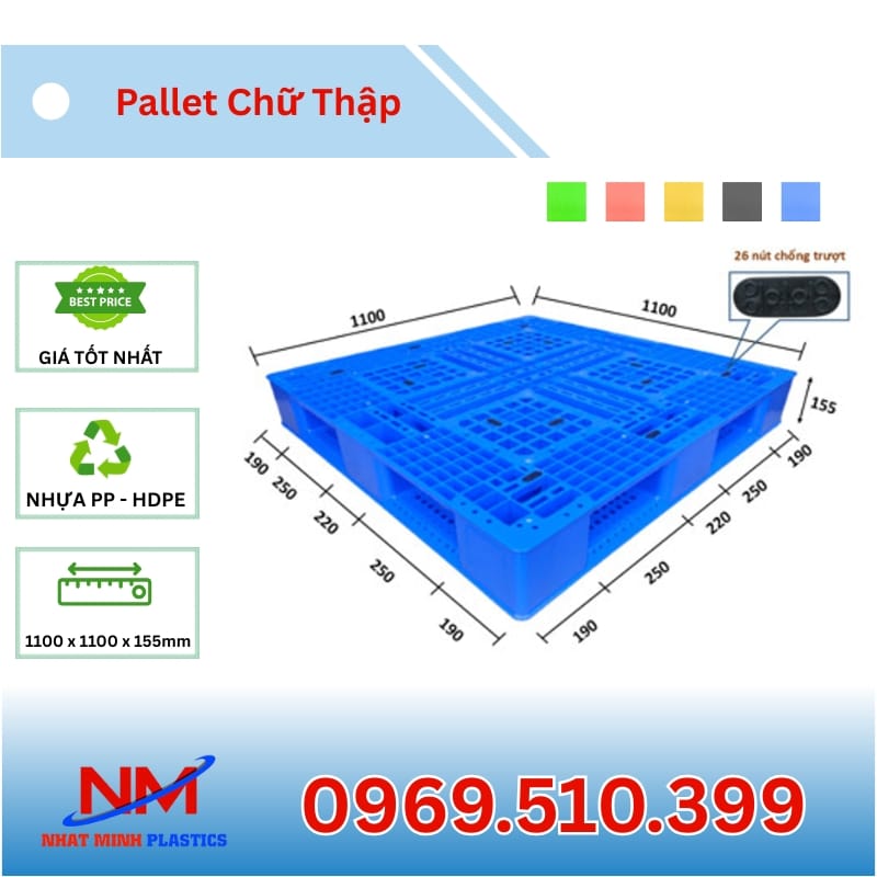 Kích Thước Pallet Nhựa Chữ Thập 1100x1100x155mm