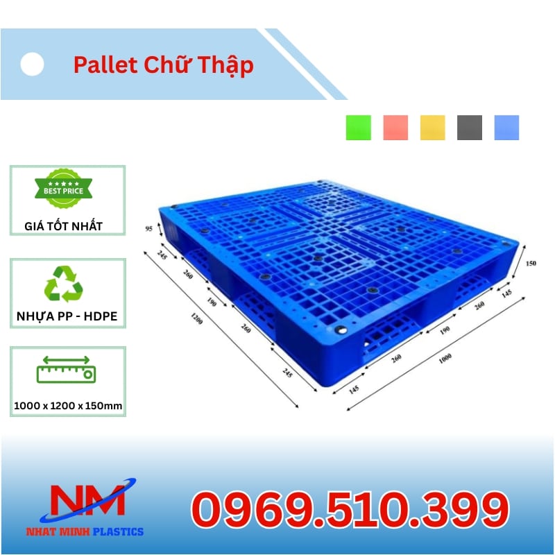 Kích thước Pallet nhựa chữ thập 1000x1200x150mm tải trọng 4000kg