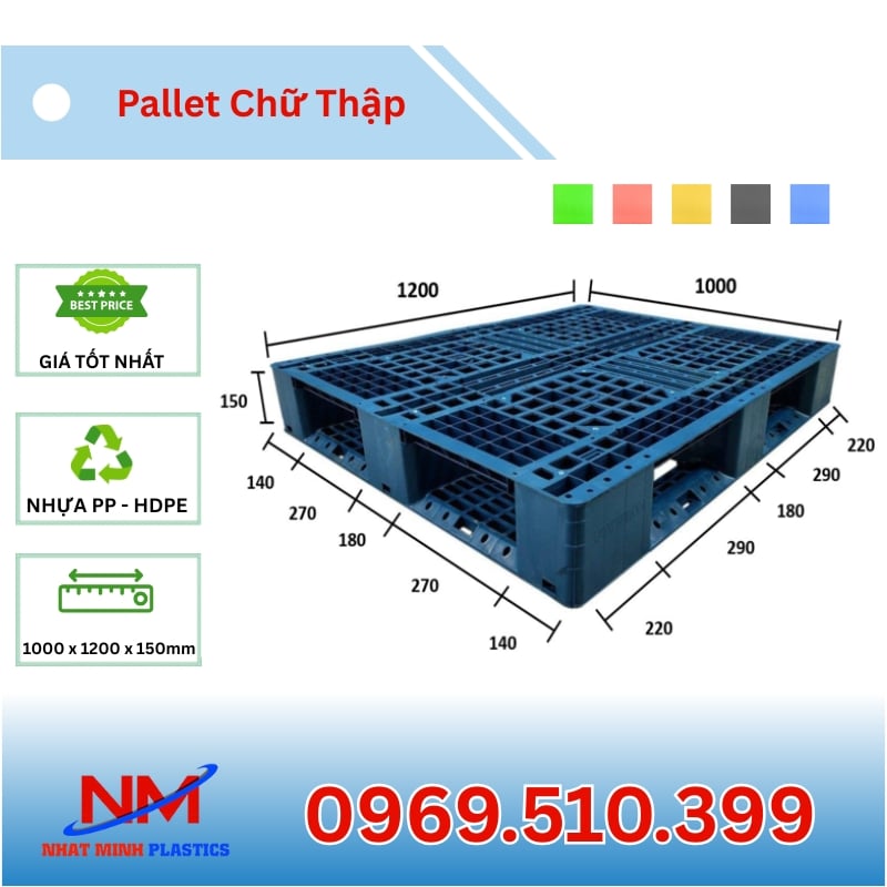 Kích thước Pallet nhựa chữ thập 1000x1200x150mm