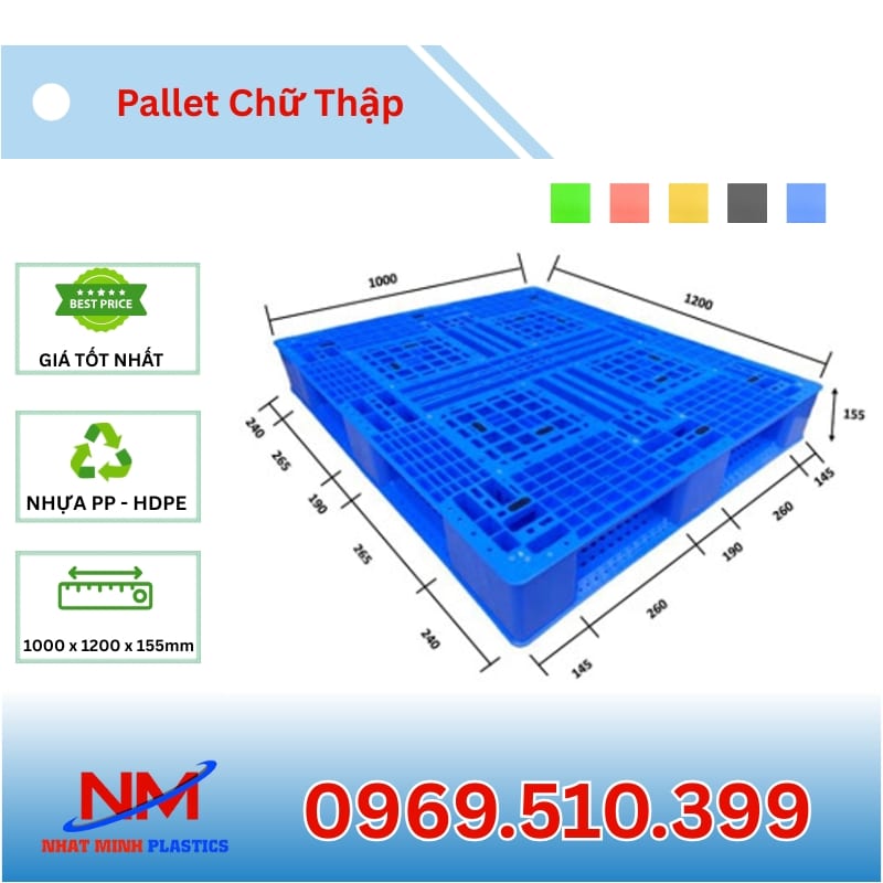 Kích thước Pallet nhựa chữ thập 1000x1200x155mm