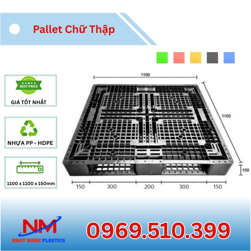 Kích thước Pallet nhựa chữ thập 1100x1100x150mm