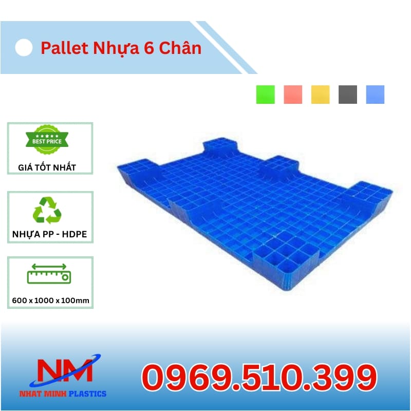 Pallet Nhựa 6 Chân Gù Mặt Bít 600x1000x100mm
