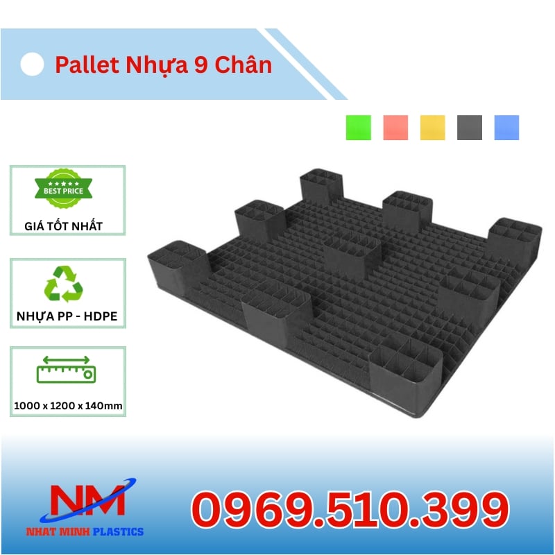Pallet Nhựa 9 Chân Gù Mặt Bít 1000x1200x140mm